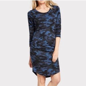 Sundry Blue Black Camo Ruched Sides Knee Length Dress Long Sleeve Casual: Large